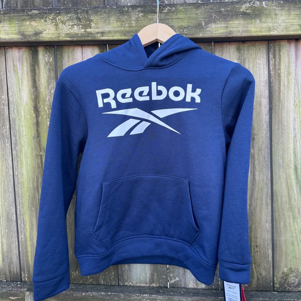 NWT Reebok Core Fleece Hoodie Navy Blue Logo Graphic Boys Youth Size‎ 14 New